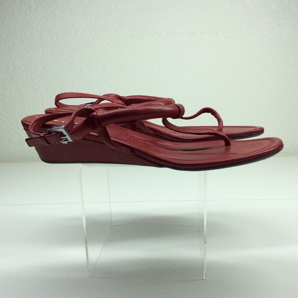 PRADA RED LEATHER WEDGE SANDALS - Picture 6 of 14